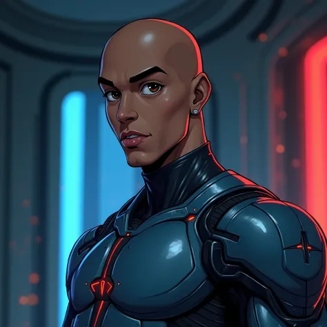  a young, futuristic male character inspired by Cyborg’s aesthetics. He has deep brown skin and a bald head, with both of his eyes being dark brown. His face seamlessly integrates cybernetic enhancements, giving him a high-tech yet natural look. His body i...