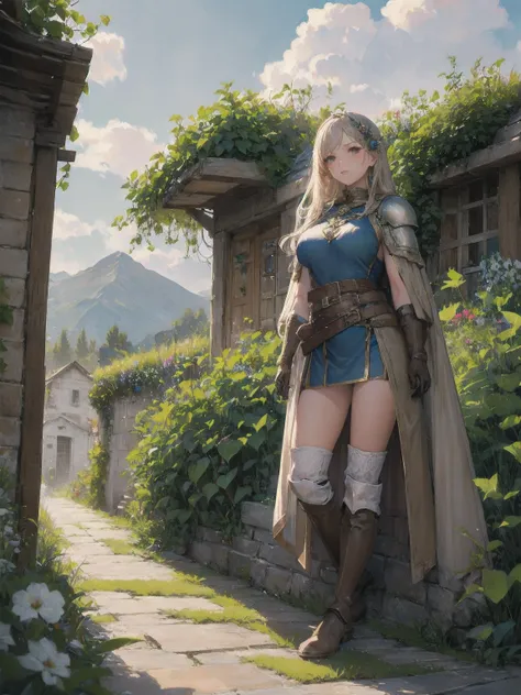  masterpiece,  best quality,  hair ornaments close to the garden, Cape,  breastplate,  gloves , belt,   knee boots, armor,  big breasts,  with my arms crossed, viewers, Mountain々,  blue sky, Serious,  head tilt