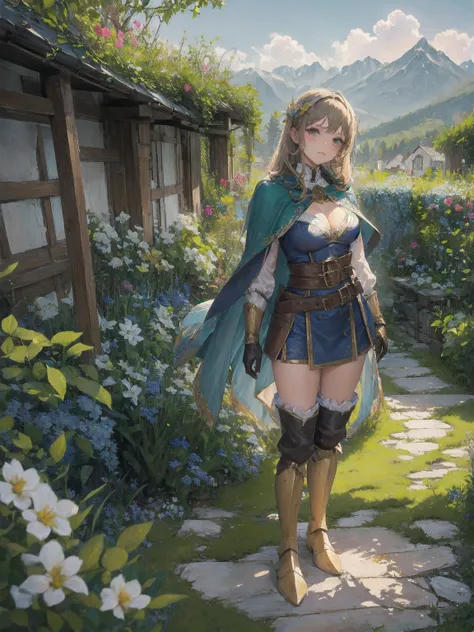  masterpiece,  best quality,  hair ornaments close to the garden, Cape,  breastplate,  gloves , belt,   knee boots, armor,  big breasts,  with my arms crossed, viewers, Mountain々,  blue sky, Serious,  head tilt