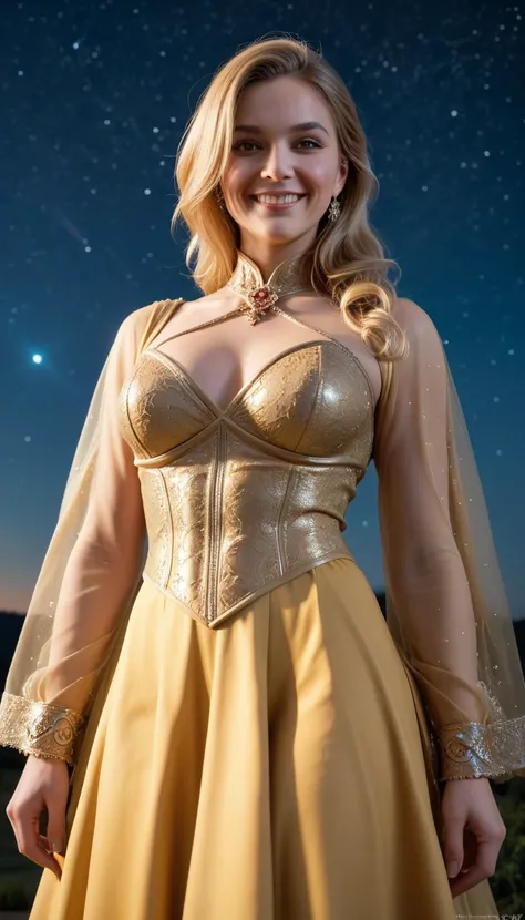 a beautiful girl with flowing golden blonde hair, bright yellow eyes, wearing a golden imperial dress, dramatic angle, smirking expression, anime style, against a starry night sky background, (best quality,4k,8k,highres,masterpiece:1.2),ultra-detailed,(rea...