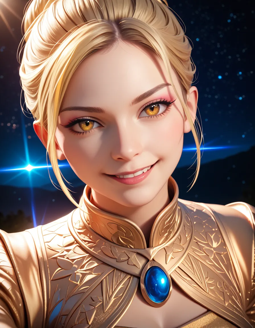 a beautiful girl with flowing golden blonde hair, bright yellow eyes, wearing a golden imperial dress, dramatic angle, smirking expression, anime style, against a starry night sky background, (best quality,4k,8k,highres,masterpiece:1.2),ultra-detailed,(rea...