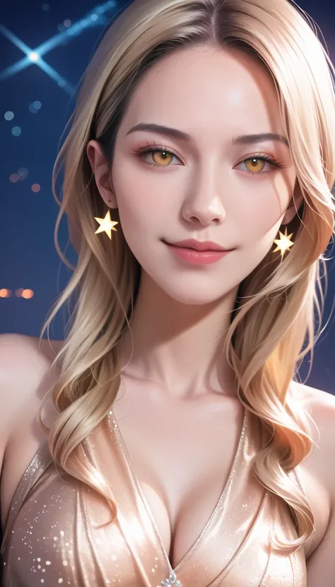 a beautiful girl with flowing golden blonde hair, bright yellow eyes, wearing a golden imperial dress, dramatic angle, smirking expression, anime style, against a starry night sky background, (best quality,4k,8k,highres,masterpiece:1.2),ultra-detailed,(rea...