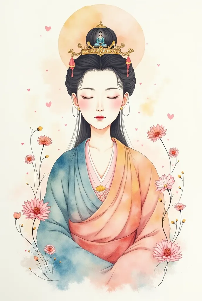 A minimalist watercolor painting of the traditional Mahayana Bodhisattva Guanyin, with a delicate splash ink style background. Surrounding her are abstract flowing lines and flowers, creating a dreamy and soft atmosphere. The painting features vibrant colo...