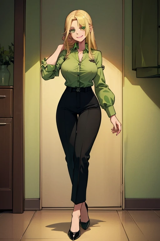 female, long pale blonde hair, green eyes, (((1girl))), (((light green button up shirt with sleeves rolled up))), (black trousers), (black heeled shoes), cute and sexy, full body, huge breasts, long legs, smiling, shirt untucked