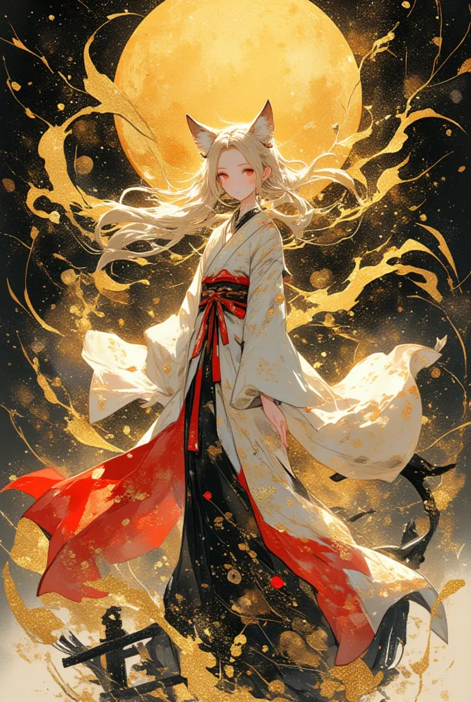 (masterpiece, best quality),ukiyo-e style,mystical fox-eared girl in elegant white and red kimono, standing , glowing golden moon. Senbon Torii. dance. Her long flowing hair blends into swirling ink and gold dust, creating an ethereal, sumi-e style paintin...