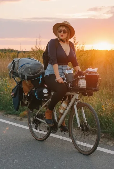 A scenic image of a beautiful busty cyclist riding along a peaceful, golden-lit road at sunset. The bicycle is heavily loaded with camping gear: a rolled-up tent, sleeping bag, backpack, lantern, and cooking utensils strapped securely to the frame. The cyc...