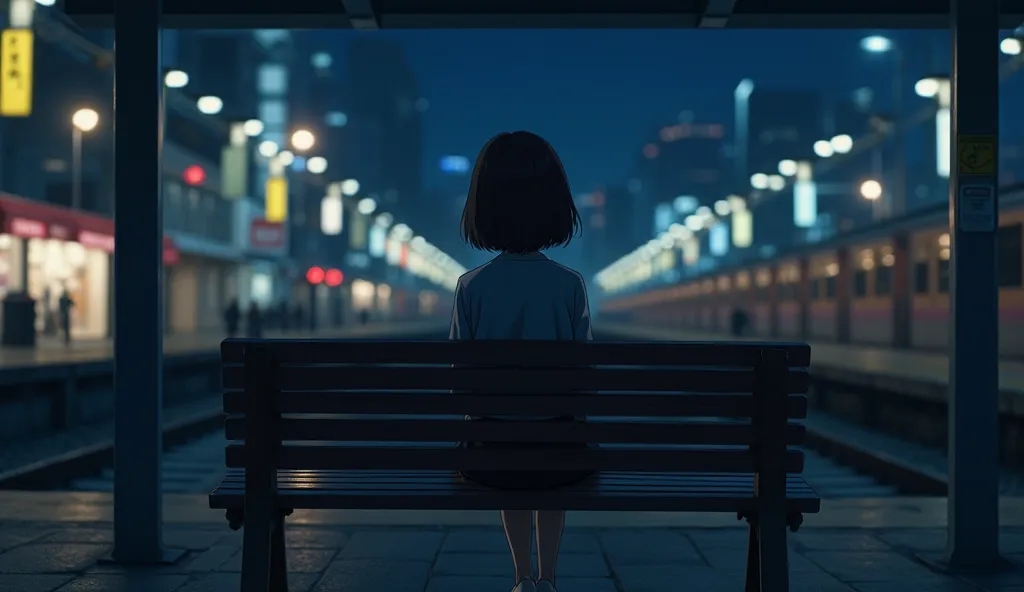  anime girl sitting on a bench at a train station at night,  anime movie set, beautiful anime dinner, tokyo anime dinner, ( (  Makoto Shinkai ) ), anime. soft lighting,  screenshot from the anime movie , anime background, Today's featured anime , anime din...