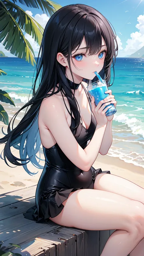  photos of long straight black hair , swimsuit,  blue eyes， Holding a soda , Relaxation posture, sit, review, HEALTHY SKIN , Outdoor scenery, Blue sky, Bright natural lighting ,  and the sun shines in from the top left, Warm and soft atmosphere, Side Angle...