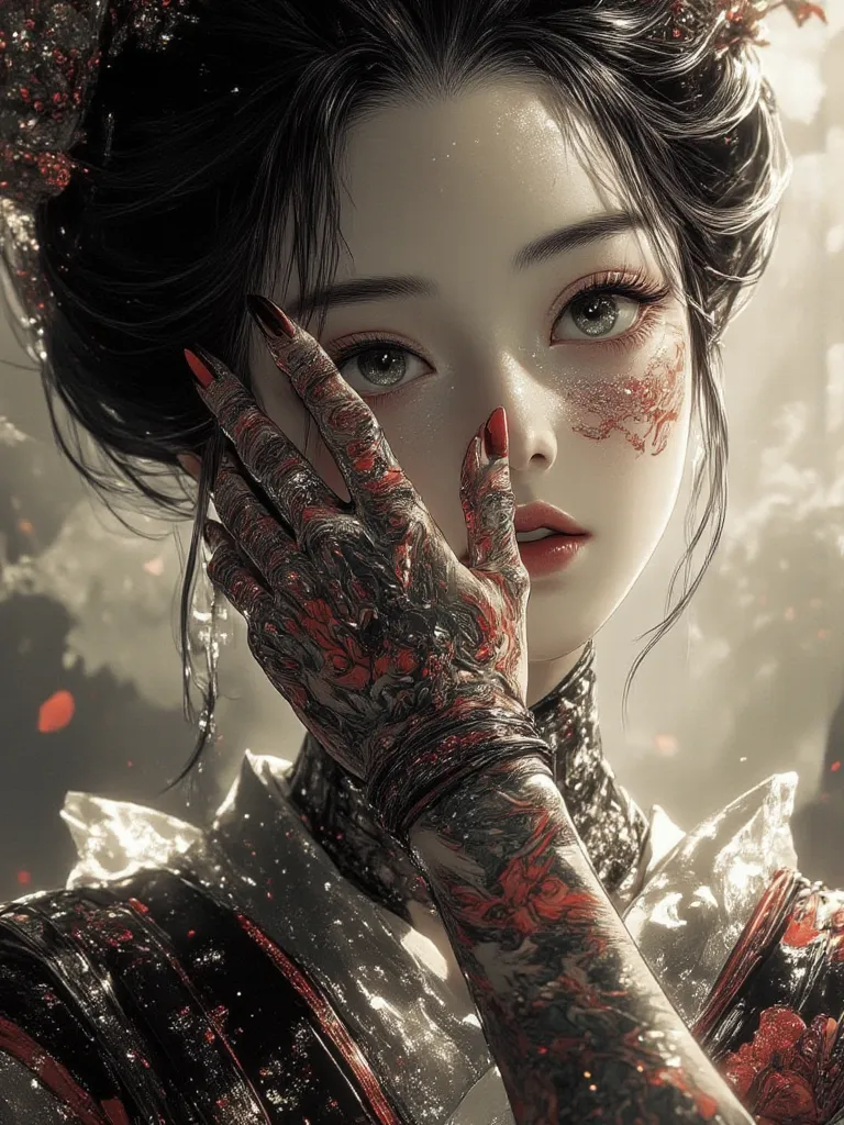 A beautifully drawn (((lady Geisha))) with intricate (((Yakuza tattos))), covering her face with a (((hand))), embodying a whimsically elegant aesthetic, poised as she gazes directly at the viewer from a ((finger gap)) where a delicate ((fantasy shawl)) ca...