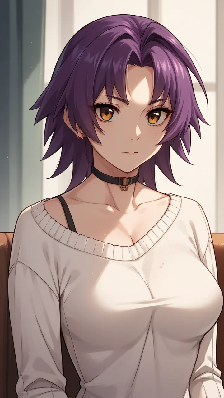  score_9,  score_8_up,  score_7_up,  score_6_up,1 girl,stupid hair, purple hair, split bangs, medium hair,cool, big head, big breasts, 