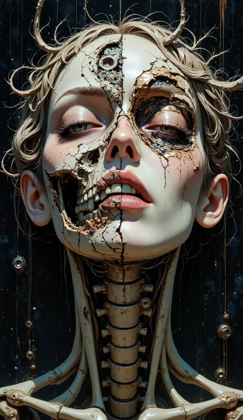 A haunting Dadaist portrait merging life and death: woman's face split between ethereal beauty and skeletal decay. Surreal collage elements, fractured geometries, chaotic textures. Deep shadows, metallic accents, abstract mechanical parts. Beksiński's nigh...