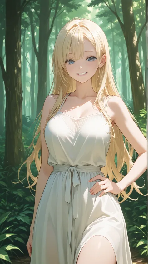 Smiling cheerful girl with very long down loose blonde hair down to her hips and blue eyes in the forest on a hot summer night 