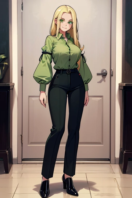 female, long pale blonde hair, green eyes, (((1girl))), (((light green button up shirt with sleeves rolled up))), (black trousers), (black heeled shoes), cute and sexy, full body, huge breasts, long legs, smiling, shirt untucked