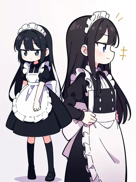 ((True best masterpiece, Ultimately perfect quality, Extremely delicate details)), A skinny doll girl, Doll maid, With black long hair,  Making an awkward smile, Wearing a poor maid uniform, Standing neatly like a doll, Profile