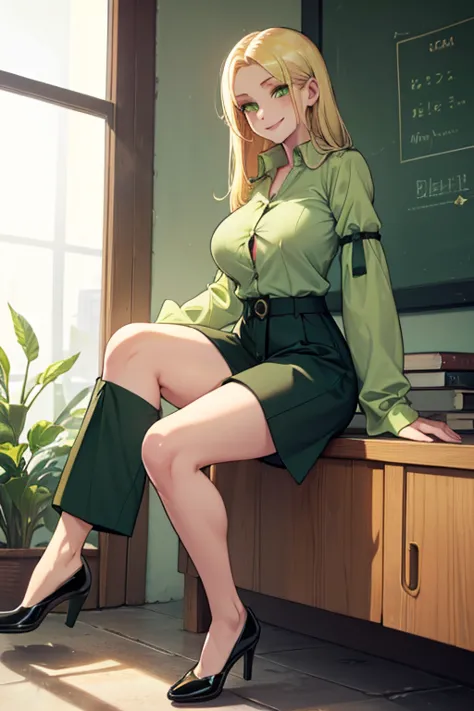 female, long pale blonde hair, green eyes, (((1girl))), (((light green button up shirt with sleeves rolled up))), (black trousers), (black heeled shoes), cute and sexy, full body, huge breasts, long legs, smiling, shirt untucked