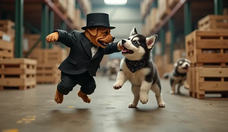 A bulldog puppy in a black suit and fedora leaping onto a Siberian husky puppy with a bandana, fighting in a cluttered warehouse, wooden crates falling around them, other puppies barking and cheering in the background, circular shot capturing the action, d...