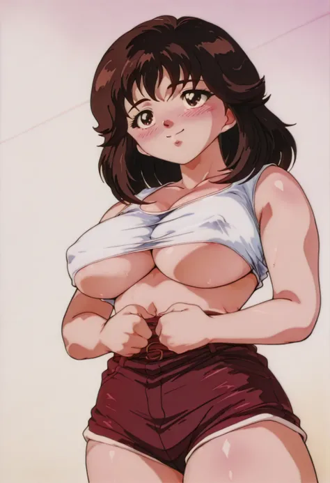 sysdeep_Tomoko,  dark brown hair,  dark eyes,  anime coloring,   retro art style,Nsfw.cowboy shot.sexy body.medium hair,tank top. hotpants,(Big Breasts:1.3).Underboob.blush.smile