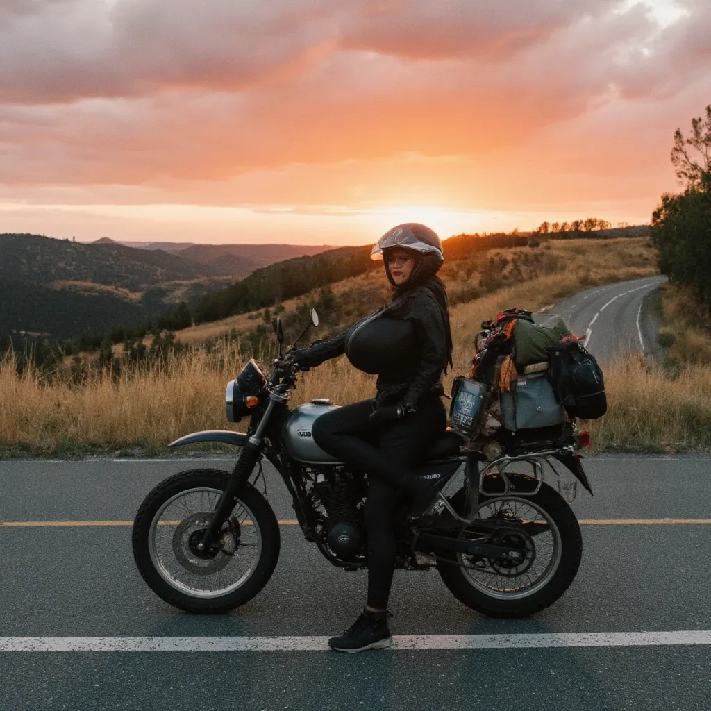 A stunning image of a beautiful busty motorcyclist cruising down a winding road bathed in the warm glow of a sunset. The motorcycle is fully loaded with camping gear: a sturdy tent, a sleeping bag, a backpack, a lantern, and other essentials securely faste...