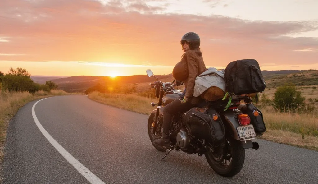 A stunning image of a beautiful busty motorcyclist cruising down a winding road bathed in the warm glow of a sunset. The motorcycle is fully loaded with camping gear: a sturdy tent, a sleeping bag, a backpack, a lantern, and other essentials securely faste...