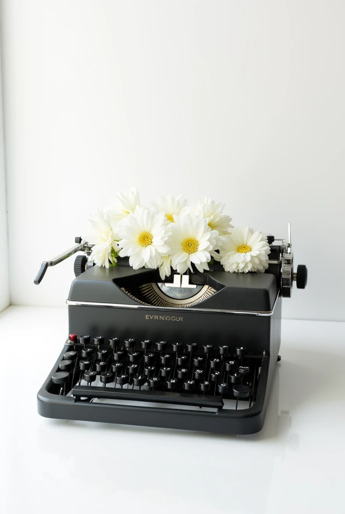 Front black typewriter,  with white flowers on top, in the white room 