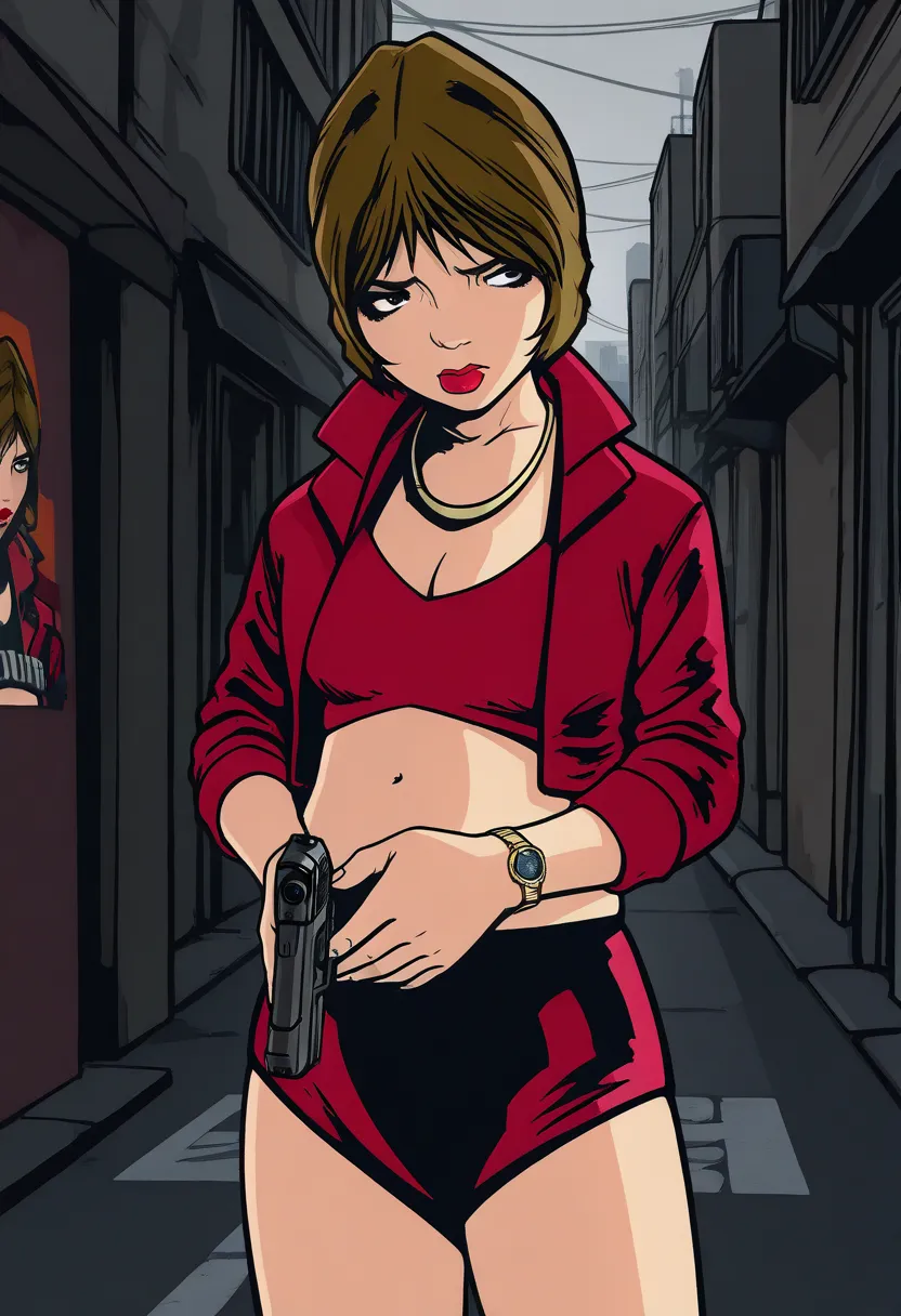  hitori gotou,　masterpiece, high quality,  high quality, gtaiii, 1 girl,  brown hair,  short hair , lipstick,   moles, chest, 
chest element,  red jacket,  red crop top holding a handgun , belly button,  red shorts, 
Watch viewers,  place your hands on you...