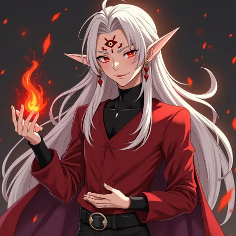 Elf magician man ,youthful looking ,  with long white hair ,  red glowing eyes ,  with a smirk and red cloud tattoos on his face with an earring in the shape of an eye in the ear, there is a third eye on the forehead with a golden pupil ,  is wearing a red...