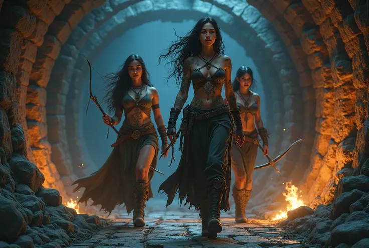 Female Wizard with Tattoos、 Female Warrior、The female archer wears armor, wears a tattered robe, and advances through the dungeon with torches、The dungeon is dark and relies on torches, but they are moving through a cheerful and dark dungeon。