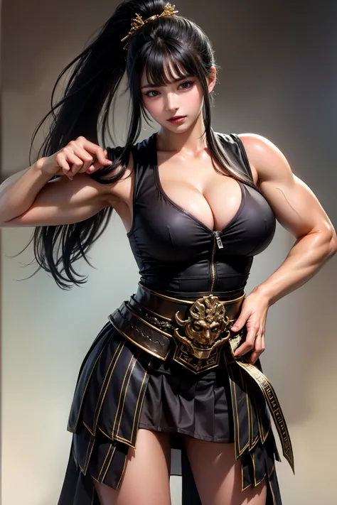 woman in armor and cloak, bodybuilders,pleated skirt, standing with one hand on his waist ,3/4 shots, 1 person,Cleavage ,Highly Detailed Face and Skin Textures, looking at camera, perfect beauty : 1.4, fine grain, double eyelids, Whitening, perfect face,  ...