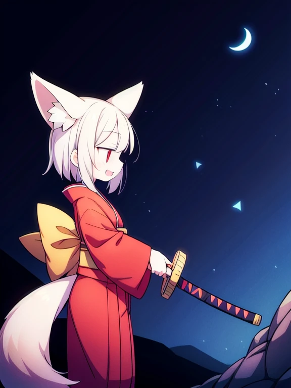 ((Best masterpiece, Perfect quality, Ultra detailed)), A fox girl with skinny body, With silver short hair, White big fox ears, Single hairy tail, Pale skin, Glowing red eyes, Wound on her cheek, Putting on a kimono, Black kimono, Long length, Putting on a...