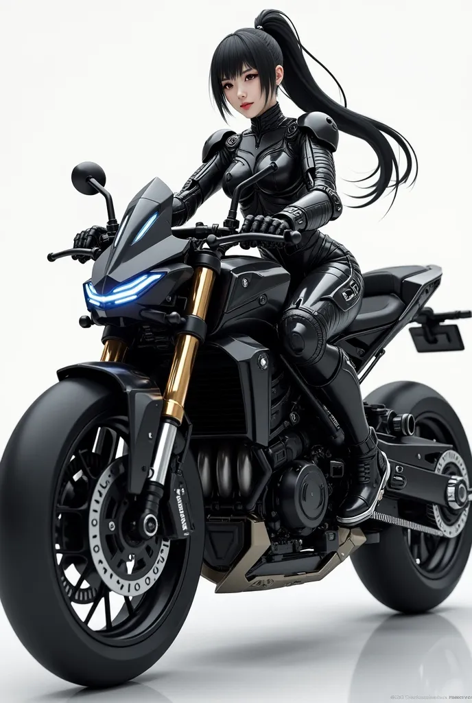 A futuristic, anime-inspired female character with long black hair in a high ponytail, wearing a sleek, black exoskeleton suit that enhances her cybernetic appearance. She is riding a highly advanced black armored motorcycle with complex, angular designs, ...