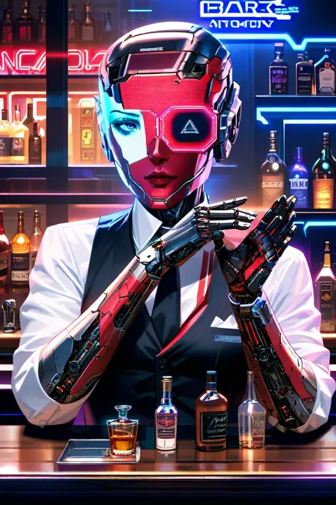 Cyberpunk, android, bartender, mechanical hands, dressed in a white shirt, black vest with red patterns, black tie, looking at the viewer, robot, face display, digital face, high resolution, realistic anatomy, wiping a glass, bottles of various alcohol in ...