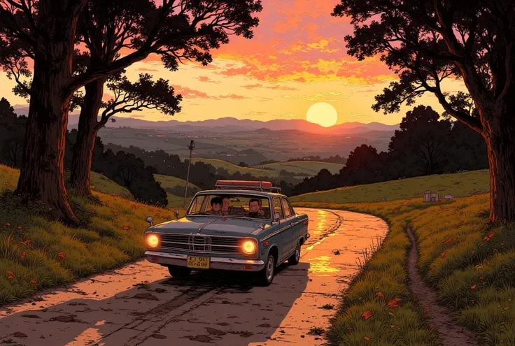 Road Trip at Sunset, Old Car, Country road at sunset, tree々The swaying wind, inside the car where you can hear the sound of the radio, nostalgic air of travel