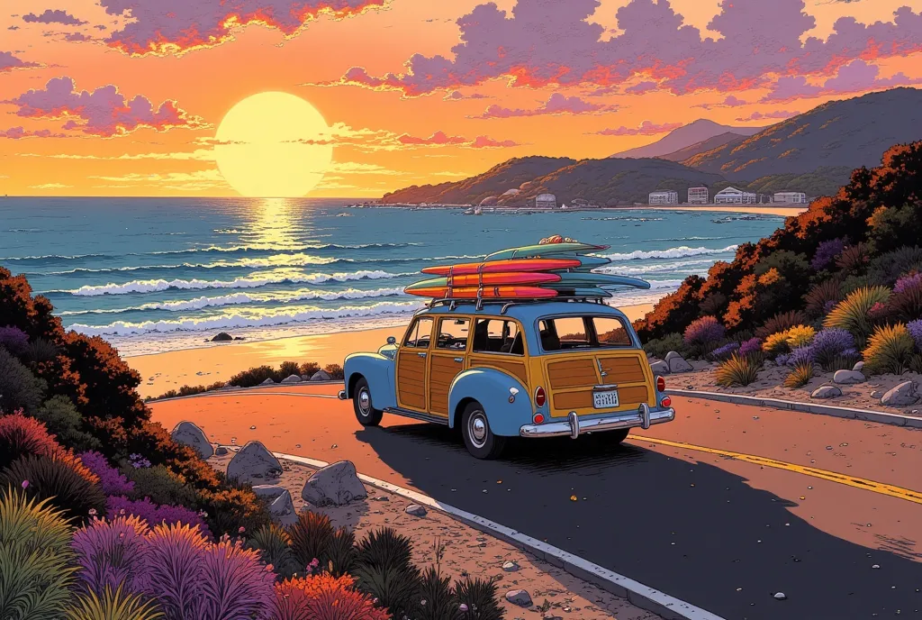 Road Trip at Sunset, wagon car loaded with surfboards, Road along the sea, Orange sunset, The sound of waves, Blue dyed horizon