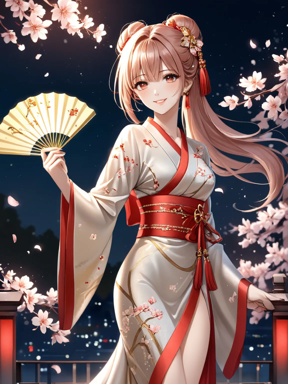  anime style、hand-drawn anime、Moe art、Weeping cherry grove at night、Young Beauty Illuminated By Red Neon Light、gracefully holding a foldable silk fan with beautiful human hands、The fan opens at 120 degrees、 happy smile 、 slender figure、 sophisticated silho...