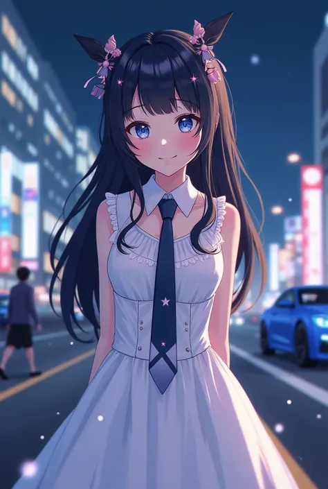      Woman wearing a white white dress with black star details  , Pink ornaments on Cobelo,  fair skin, dress with light pink details,  medium long hair  ,  looking at the viewer,  black hair ,Like Rica  ,   her building with her dear blue diamond car ,  b...