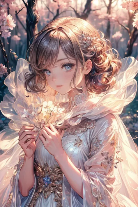 ( best quality:1.4),( masterpiece:1.4), very detailed,8k,CG, exquisite, upper body, lonely,,Little Princess, Loose Coat Dress, garden background , Detailed Facial Features , long curl hair , ALMOND EYE,Subtle eye makeup,Long Curling Lashes ,Shining starry ...