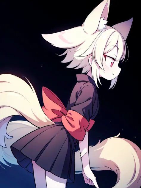 ((Best masterpiece, Perfect quality, Ultra detailed)), A fox girl with skinny body, With silver short hair, White big fox ears, Single hairy tail, Pale skin, Glowing red eyes, Wound on her cheek, Putting on a black kimono, Long length, Black cloth, Holding...