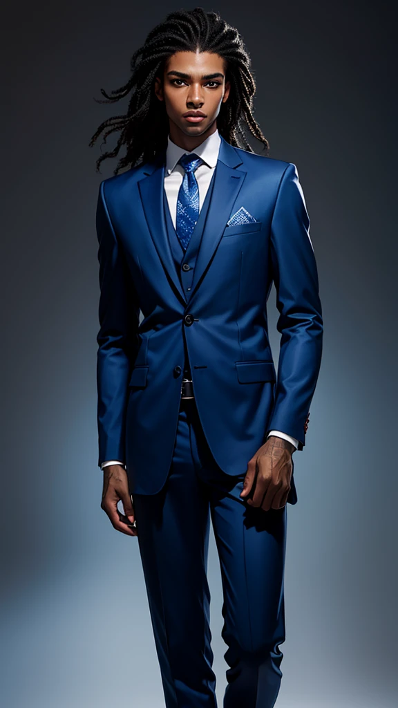  young guy clothes. black. Dark skin with a blue tint.  handsome guy.  long hair, curly, dark blue colors. Blue eyes. Dressed in a blue suit 