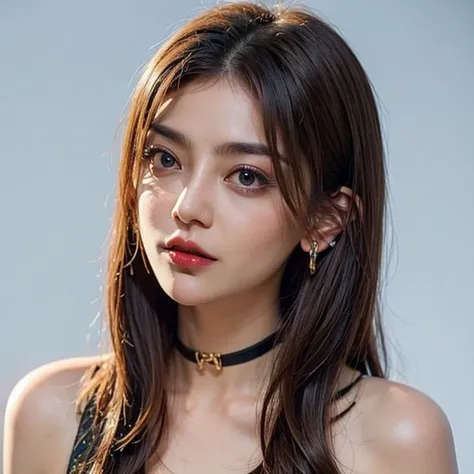 Sam Yang,
  1girl  ,  background light ,   bare shoulders  , black choker necklace,  opaque ,  opaque  background,  blush,  breast, choker,   cleavage  ,  mouth closed ,   collarbone  ,  earrings  ,  Genie ,  spots, hair over the shoulder, jewelry,  long h...