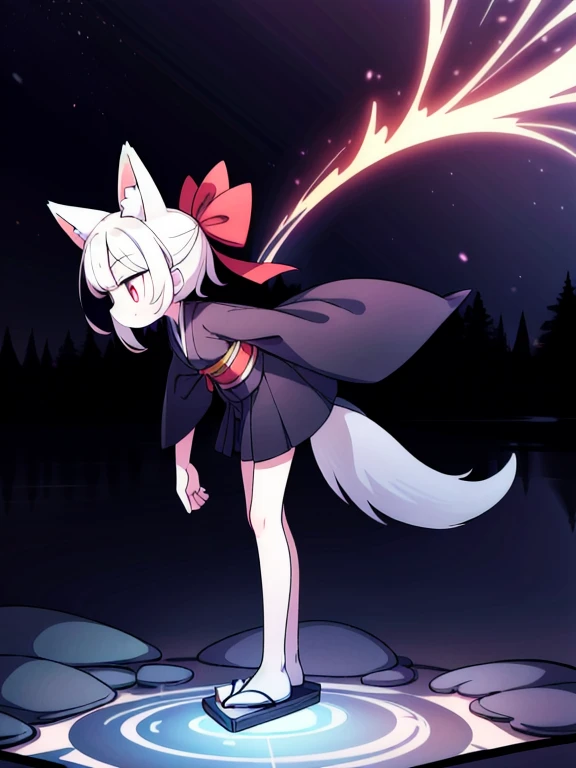 ((Best masterpiece, Perfect quality, Ultra detailed)), A fox girl with skinny body, With silver short hair, White big fox ears, Single hairy tail, Pale skin, Glowing red eyes, Wound on her cheek, Putting on a black kimono, Long length, Black cloth, Holding...