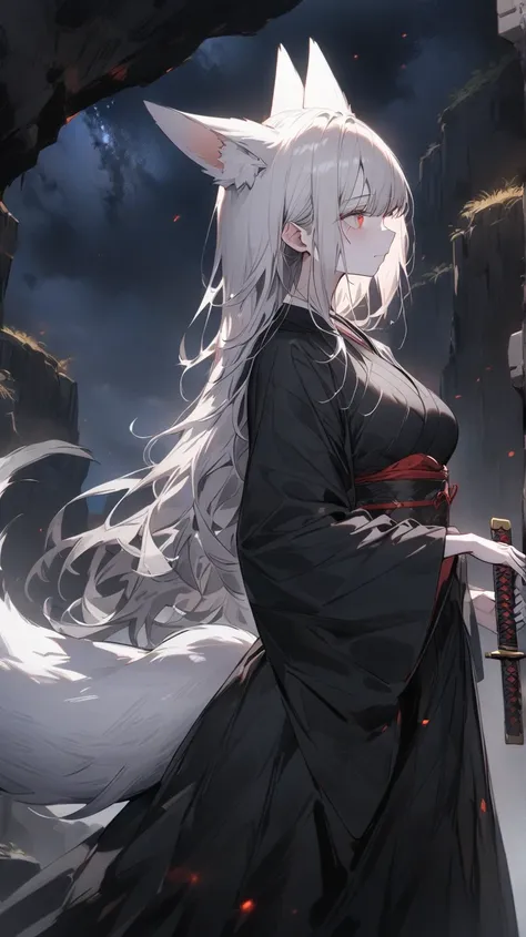 ((Best masterpiece, Perfect quality, Ultra detailed)), A fox girl with skinny body, With silver short hair, White big fox ears, Single hairy tail, Pale skin, Glowing red eyes, Wound on her cheek, Putting on a black kimono, Long length, Black cloth, Putting...