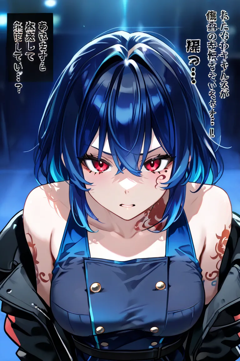  Big-breasted girl,  blue hair,  multicolored hair, blue blouse, black coat, Bare shoulders, blue glove, red eyes tattoo on the neck, Expression of indignation 