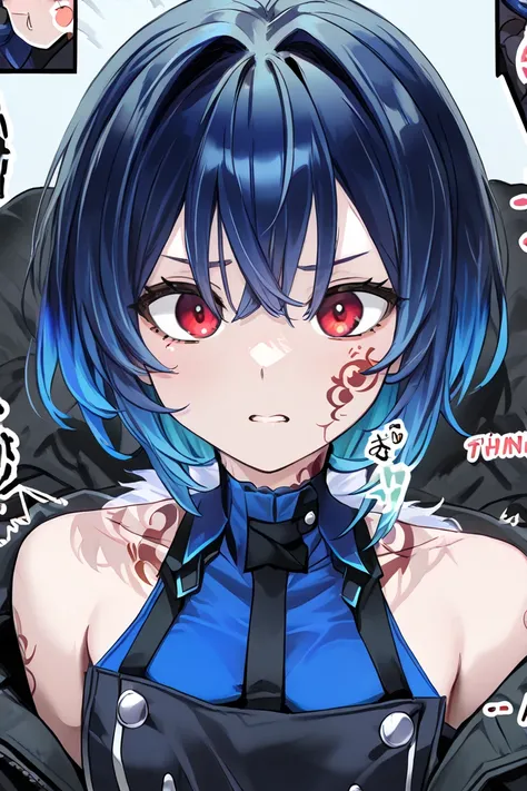  Big-breasted girl,  blue hair,  multicolored hair, blue blouse, black coat, Bare shoulders, blue glove, red eyes tattoo on the neck, Expression of indignation 