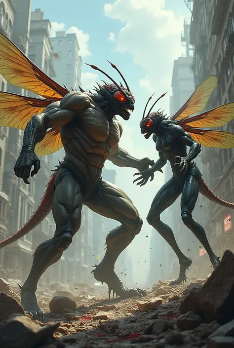 Strong humanoid dragonfly with large muscles fighting strong humanoid fly.Fierce battle with blood on the body destroying the entire city.Chaos scenario .4k image. perfect. image.