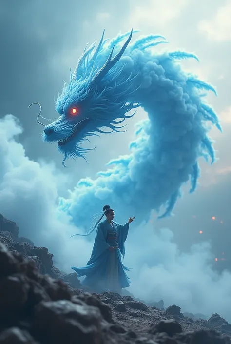 Chinese dragon emerges, its massive form crafted from a beautiful halo of blue-white smoke. The dragon's sinuous body coils and weaves through the violently churning clouds, the ethereal smoke giving it a ghostly, almost translucent appearance, with 70% op...