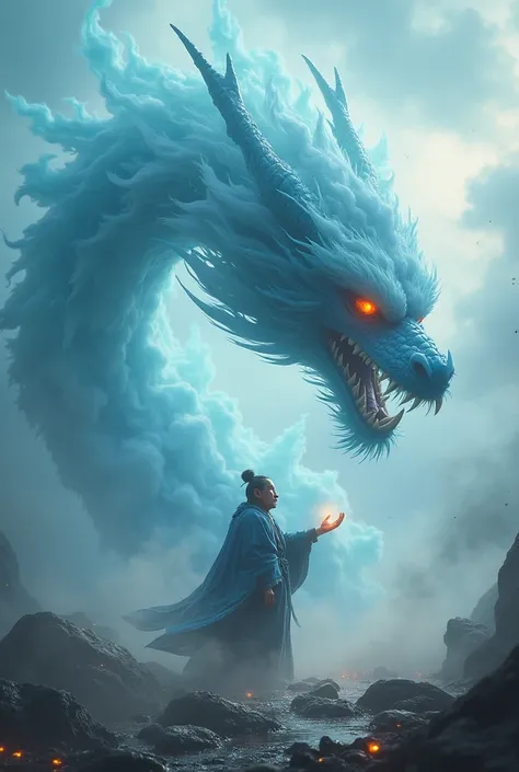 Chinese dragon emerges, its massive form crafted from a beautiful halo of blue-white smoke. The dragon's sinuous body coils and weaves through the violently churning clouds, the ethereal smoke giving it a ghostly, almost translucent appearance, with 70% op...