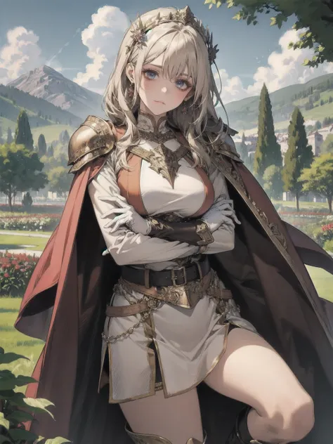  masterpiece,  best quality,  hair ornaments close to the garden, Cape,  breastplate,  gloves , belt,   knee boots, armor,  big breasts,  with my arms crossed, Watch viewers, Mountain々,  blue sky, Serious,  head tilt