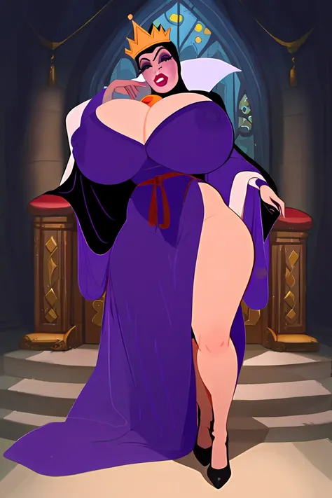 evil Queen,Whole body, mature woman,purple robes, white ruff, black cape, gold crown, wide sleeves, ,Big Breasts, looking at viewer,, score_9, score_8_up, score_7_up,(huge juicy breasts), Black heels, Inside the castle