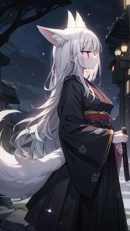 ((Best masterpiece, Perfect quality, Ultra detailed)), A fox girl with skinny body, With silver short hair, White big fox ears, Single hairy tail, Pale skin, Glowing red eyes, Wound on her cheek, Putting on a black kimono, Long length, Black cloth, Putting...