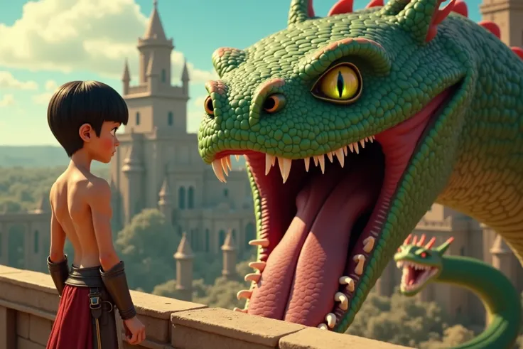 A Pixar professional photographer style shot of a young man with a slender athletic physique, standing on a balcony edge in front of a massive serpent’s mouth. Dressed in skimpy shirtless armor, tan skin, green eyes, straight bowl cut with blunt bangs, cle...